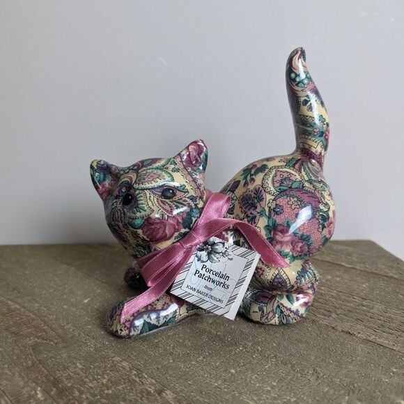 Joan Baker Designs Porcelain Patchworks Cat Pink and Green Sculpture Art Piece - Picture 1 of 9